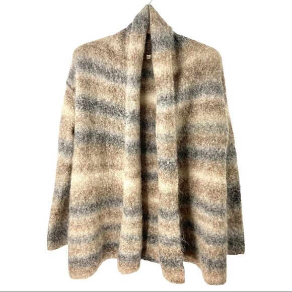 MOHAIR Wool Blend Open Front Shawl Collar Striped Brown Cardigan Size S - Picture 2 of 7